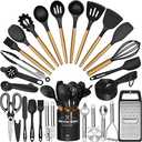 Kitchen Utensils Set- 34PCS Silicone Cooking Utensil with Holder, Umite Chef Heat Resistant Kitchen Spatula Set for Nonstick Cookware, Black Wooden Handles Kitchen Gadgets Tools Set