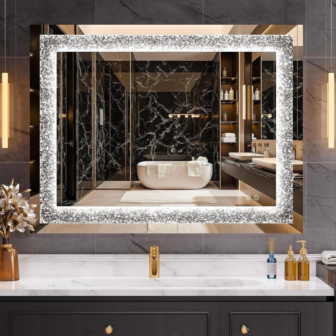 32" x 24" LED Diamond Wall Mirror with Dimming & Anti-Fog, Large Crystal Decorative Mirror for Bathroom, Bedroom, Living Room, Vertical or Horizontal Wall Mount