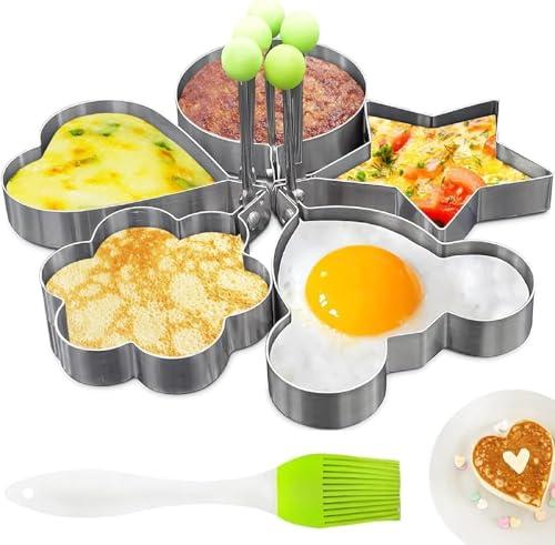 5 Pcs Pancake Molds for Griddle – Stainless Steel Heart Shaped Pancake Mold Set with Ring, Star, Cloud & Mouse Fun Shapes – Fried Egg Molds for Omelettes, Cookie Cutting & Easter Breakfast Preparation