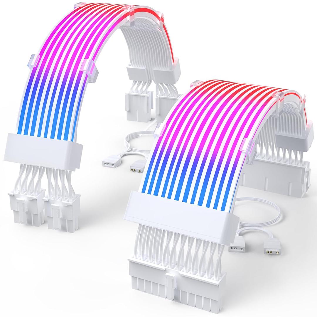 Sirlyr RGB PSU Cable Extension,ARGB PC Power Supply Cable with Soft LED Stripes and PVC Sleeved Extend Cable,16AWG 24 Pin ATX Dual 8 Pin PCIE Set