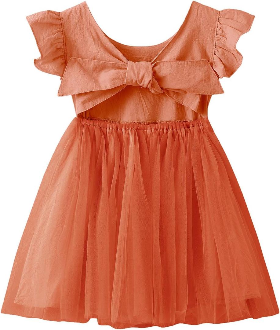 Dutebare Toddler Girls Tulle Tutu Dress Linen Ruffle Tie Back Sleeveless Kids Princess Party Dresses (3T, Orange)