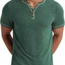 Aimeilgot Mens Henley Shirts Short Sleeve Casual T-Shirts Washed Slim Fit Front Placket Soft Button Tees (Green, XL)