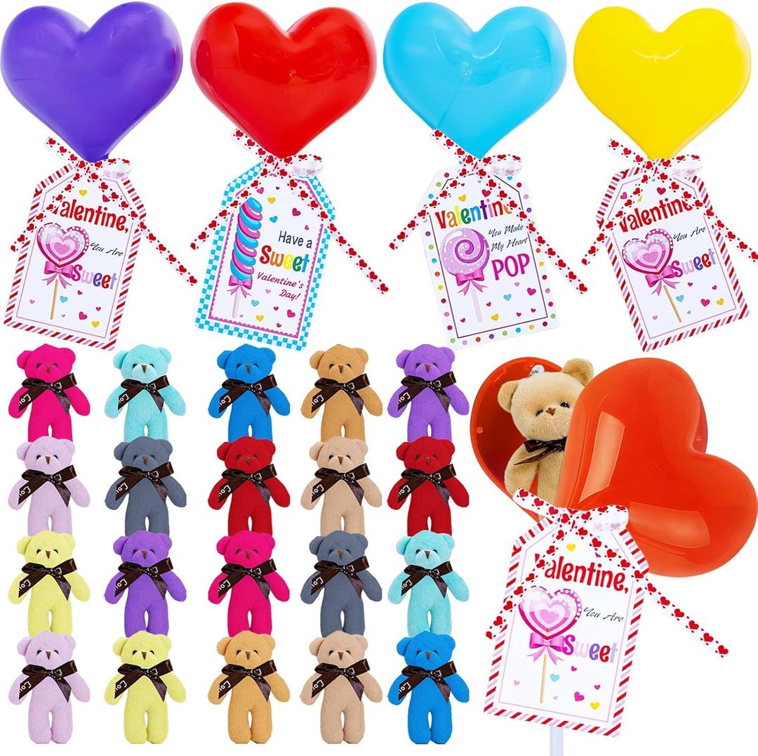 Party Favors Gifts for Kids Classroom, 20 Packs Giant Heart-Shaped Lollipop Plush Bear Valentines Day Stuffed Animals, Valentines Gifts Classroom School Exchange Party Favors (Bear)