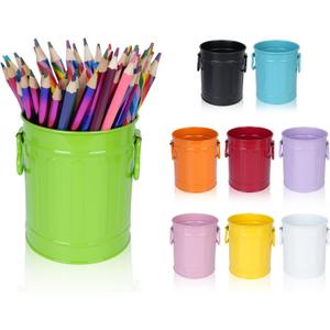 9 Pack Metal Pen Holders, Colorful Desktop Pencil Cups, Mini Pencil Bucket with Handle, Makeup Brush Storage Organizers, Crayon Organizer for Classroom Office Home School Crafts