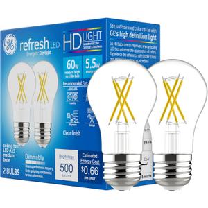 GE Refresh LED Light Bulbs, 60 Watt, Daylight, A15 Celling Fan Bulbs, Clear Finish (2 Pack)