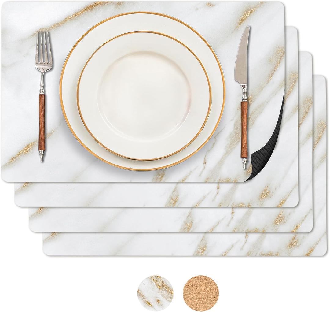 RIMONA'S Heat Resistant Marble Placemats Set of 4 - Waterproof, Heat Proof Table Protector, Non-Slip, Ideal for Gifting, Mother-in-Law Gift, White Marble Hard Placemats