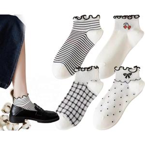 CHUNFO Womens Socks Ruffle Ankle Striped Bows Argyl Plaid Dots White Cotton Sock Crew Size5-9 Size6-11