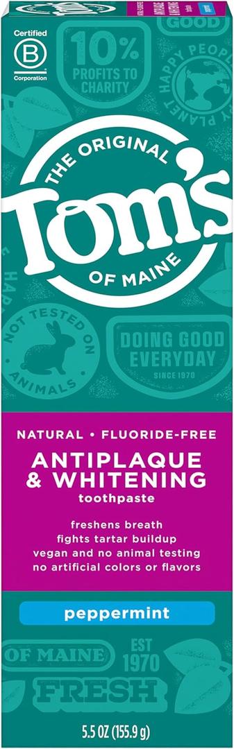 Tom's of Maine Antiplaque & Whitening Fluoride-Free Peppermint Toothpaste, 5.5 oz (5.5 Ounce (Pack of 1))