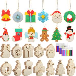 48 Pcs Christmas Painting Craft Kit for Kids, 3D Wooden DIY Ornaments with Christmas Tree Snowman Socks Gingerbread Man and Painting Set, Paint Your Own Craft Ornaments Holiday Gift Decor