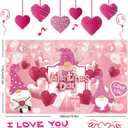  Valentines Day Photography Backdrop, Happy Valentines Day Banner Backdrop, Red Pink Love Hearts and Gnomes Design Party Supplies, for Valentines Day Party Decorations(6x3.6ft)