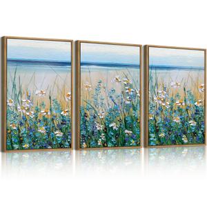 Blue Seaside Cyan Floral Wall Decor Wildflower Canvas Painting Framed Floral Prints Decor for Living Room Bedroom 16x24 Inch Set of 3