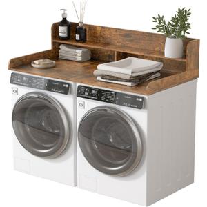 Piskyet Washer Dryer Countertop,2- Tier Laundry Countertop with Edge Rails,27.5" Depth x 54" Wood Countertop,Laundry Machine Topper for Laundry Room Organization and Storage(Rustic Brown)