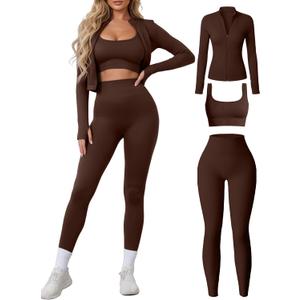 Women 3 Piece Seamless Workout Set Sports Bra High Waisted Gym Yoga Leggings Zip Up Jacket with Thumbhole Activewear (Medium, Coffee)