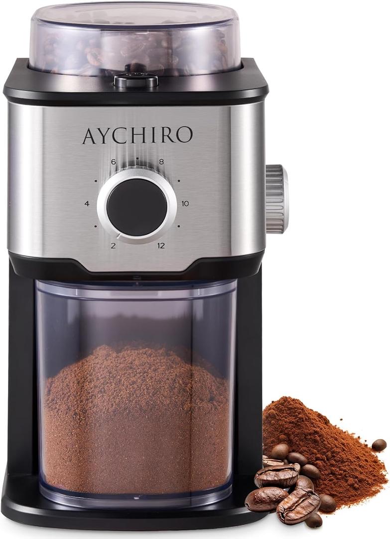 AYCHIRO Burr Coffee Grinder, Adjustable Coffee Bean Grinder Electric with 14 Grinding Settings,2-12 Cups for Espresso, Drip Coffee and French Press (Stainless Steel)