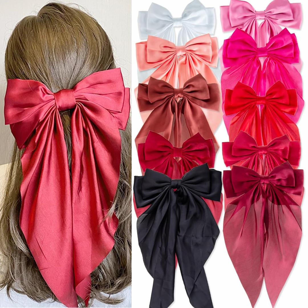 10 PCS Hair Bows,Big Bows for Girls and Womens,Hair Bows for Womens,Hair Ribbons,Large Hair Bow for Women,Big Hair Bow,Bows for Women, Oversized Long-tail Cute Aesthetic Hair Accessories(Red Series)