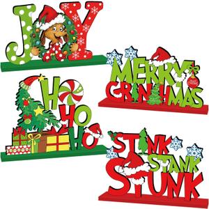 4Pcs Christmas Decorations Wooden Table Centerpiece Merry Christmas Joy Tiered Tray Decor Xmas Centerpiece for Winter Holidays Xmas Table Decorations