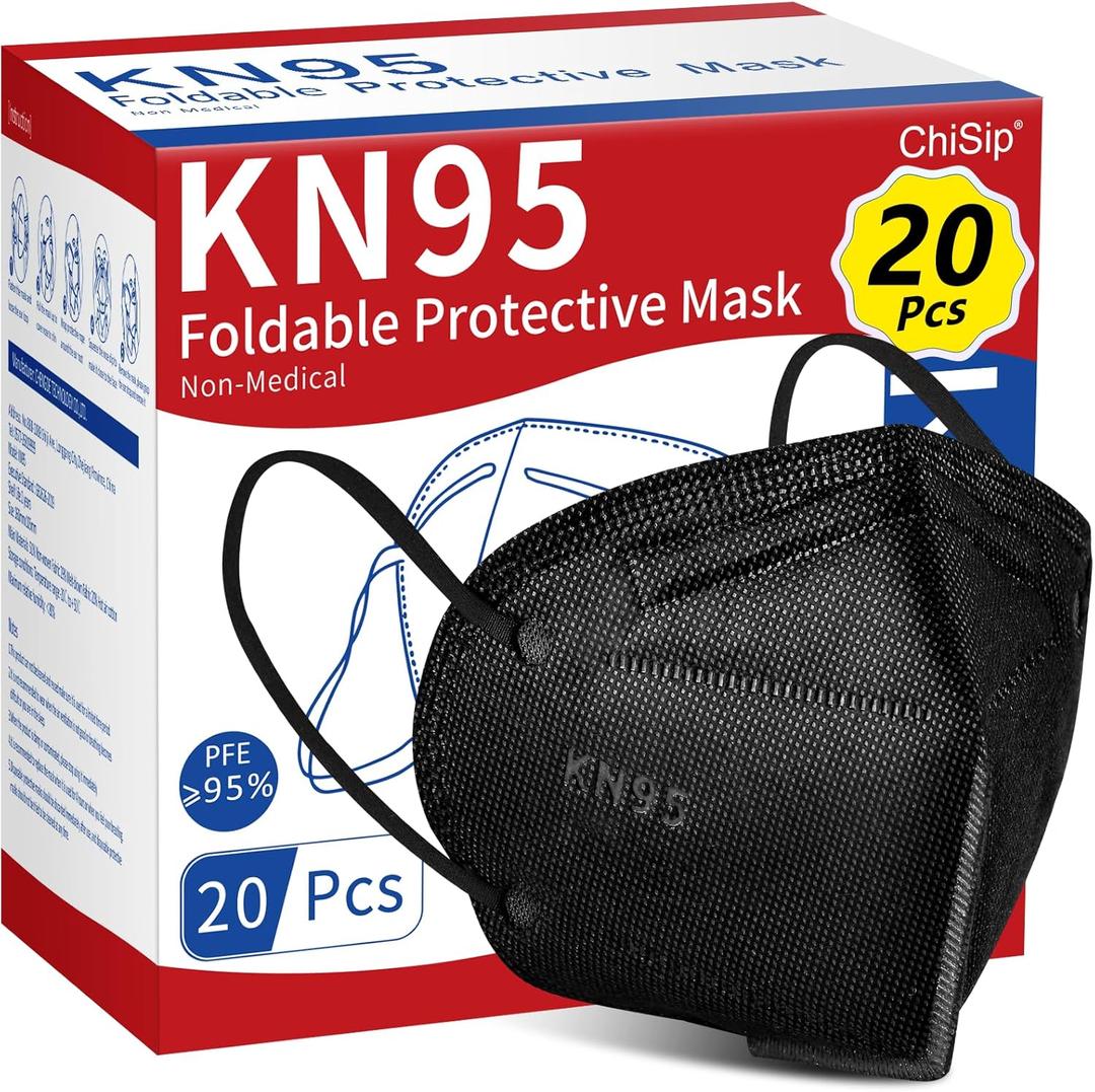 2 x KN95 Face Mask 20 Pcs, 5-Ply Cup Dust Safety Masks, Breathable Protection Masks Against PM2.5 for Men & Women, Black (20 Count (Pack of 1))