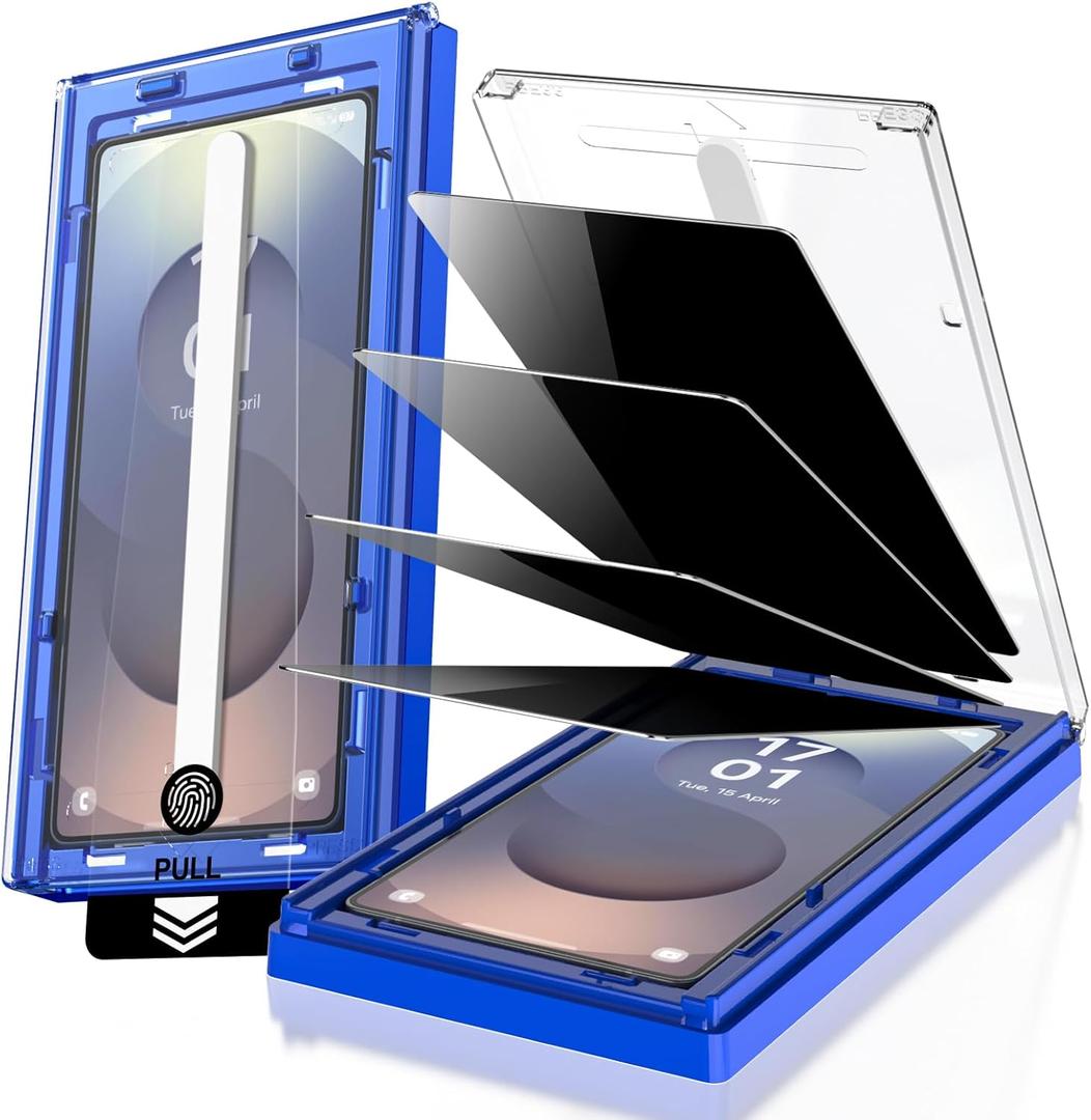 EZ-GLAZ-4 Pack for Galaxy S25 Ultra [6.9"] Privacy Screen Protector, 100% Fingerprint Unlock, 9H+ Hardness Military Grade Shatterproof Long Durable Tempered Glass Film with Flawless Fit Box, Scratch Resistant (Black)