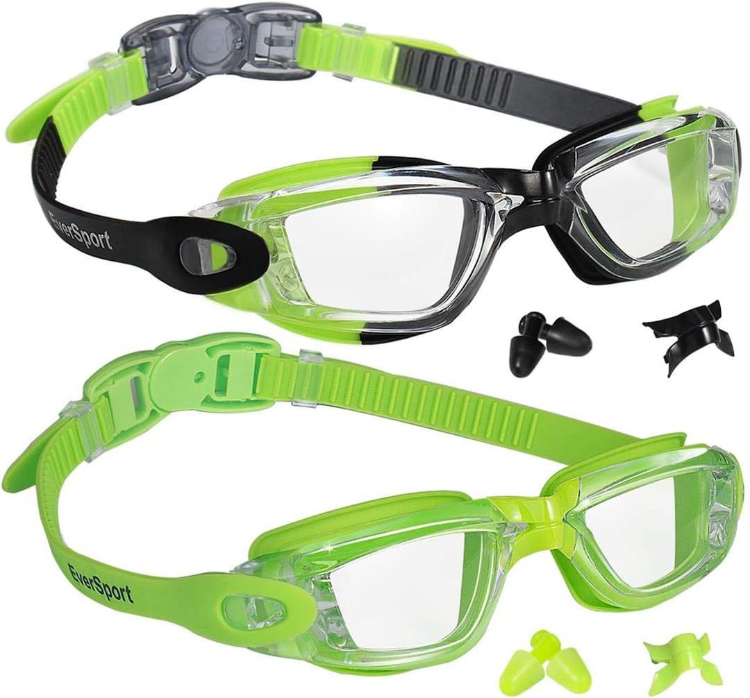EverSport Kids Swim Goggles, Pack of 2 Swimming Goggles for Children Teens, Anti-Fog Anti-UV Youth Swim Glasses for Age4-16 (Green/Black & Green)