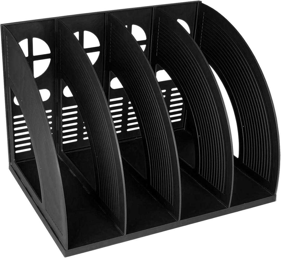 SAYEEC Sturdy Magazine Holder 4 Compartments Plastic Desktop File Organizer File Dividers Office Organizer Storage Document Magaizne Rack Display Box (Black)
