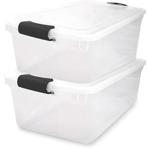 HOMZ 2-Pack Latching Lid, Large Clear Plastic Storage Bins with Lids, 64 Quart, Gray Latch