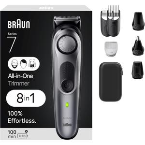 Braun All-in-One Style Kit Series 7 7410, 8-in-1 Trimmer for Men with Beard Trimmer, Body Trimmer for Manscaping, Hair Clippers & More, Sharpest Blade, 40 Length Settings, Waterproof (9 Piece Set, Silver)