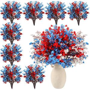 Lyrow 24 Pcs 4th of July Artificial Flowers Red Blue White Patriotic Picks Decoration Independence Day Fake Babys Breath Stems Memorial Day Floral Arrangement for Veterans Day Home Outdoor Table Decor