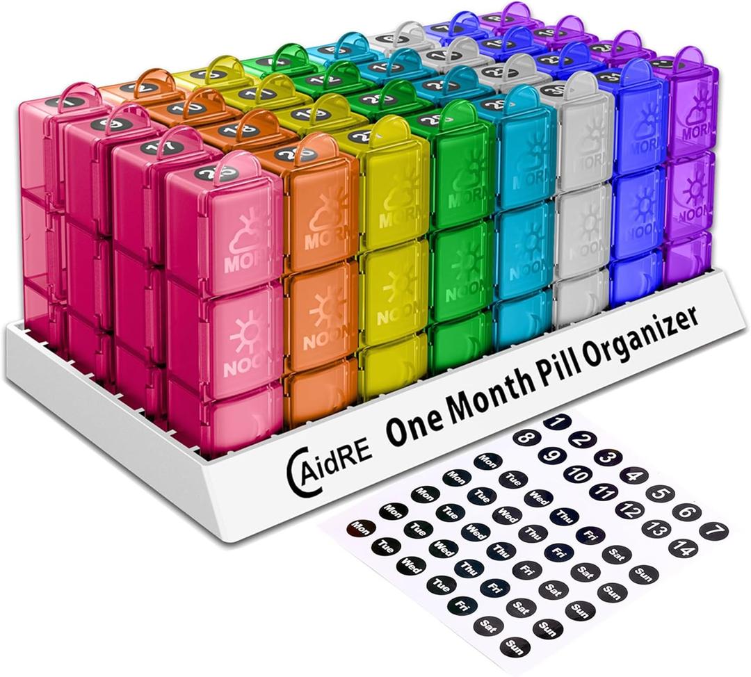 CAidRE Monthly Pill Organizer 31 Day 3 Times a Day  One Month Pill Box for Medications, Fish Oil, Vitamins & Supplements  30 Day Daily Pill Case Organizer (Multi-colored)
