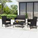 4 Piece Patio Rattan Conversation Set, Outdoor Rattan Chair Wicker Furniture Set, Couple Seats and Tempered Glass Table,Comfort Seat for Patio, Pool or Backyard
