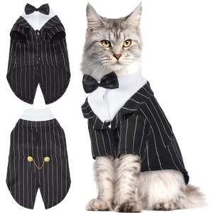 QBLEEV Cat Tuxedo Outfit with Bow Tie, Sphynx Cat Costume Formal Suit Wear | Soft breathable, stylish hairless clothes for cats only, kitten wedding birthday party shirt for male boy, black stipe, M