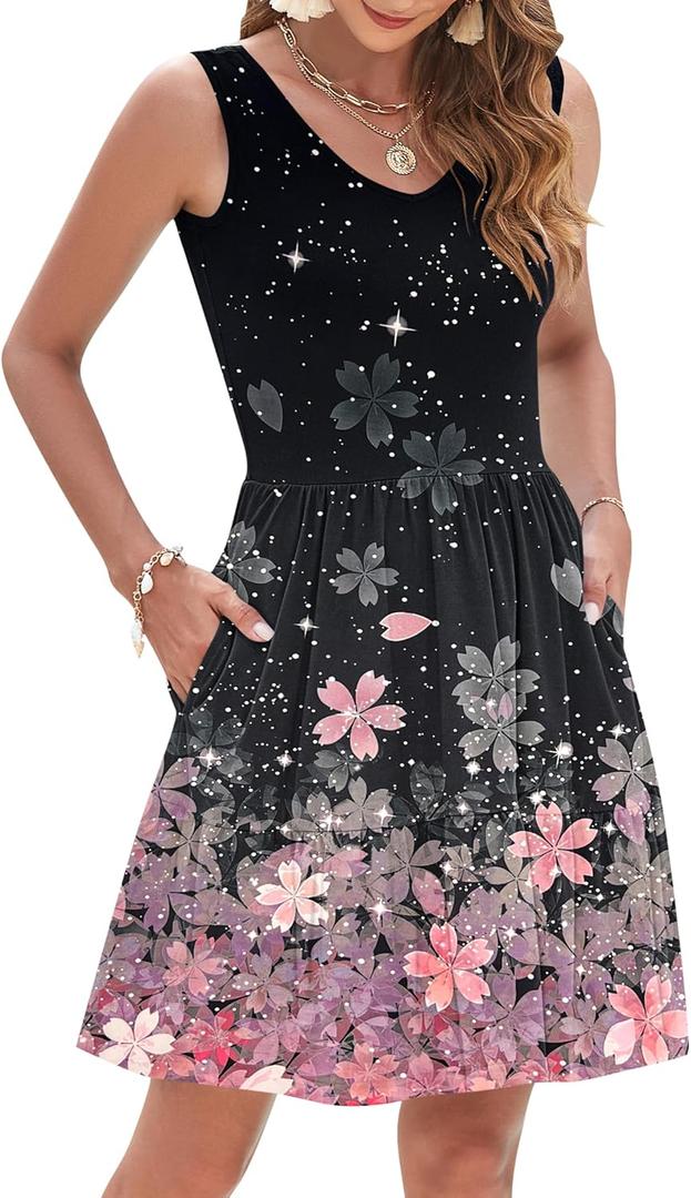 AUSELILY Womens Summer Dresses 2025 Casual Sleeveless Sundress Beach Vacation Flowy Tiered Short Dresses with Pockets (Black, L)