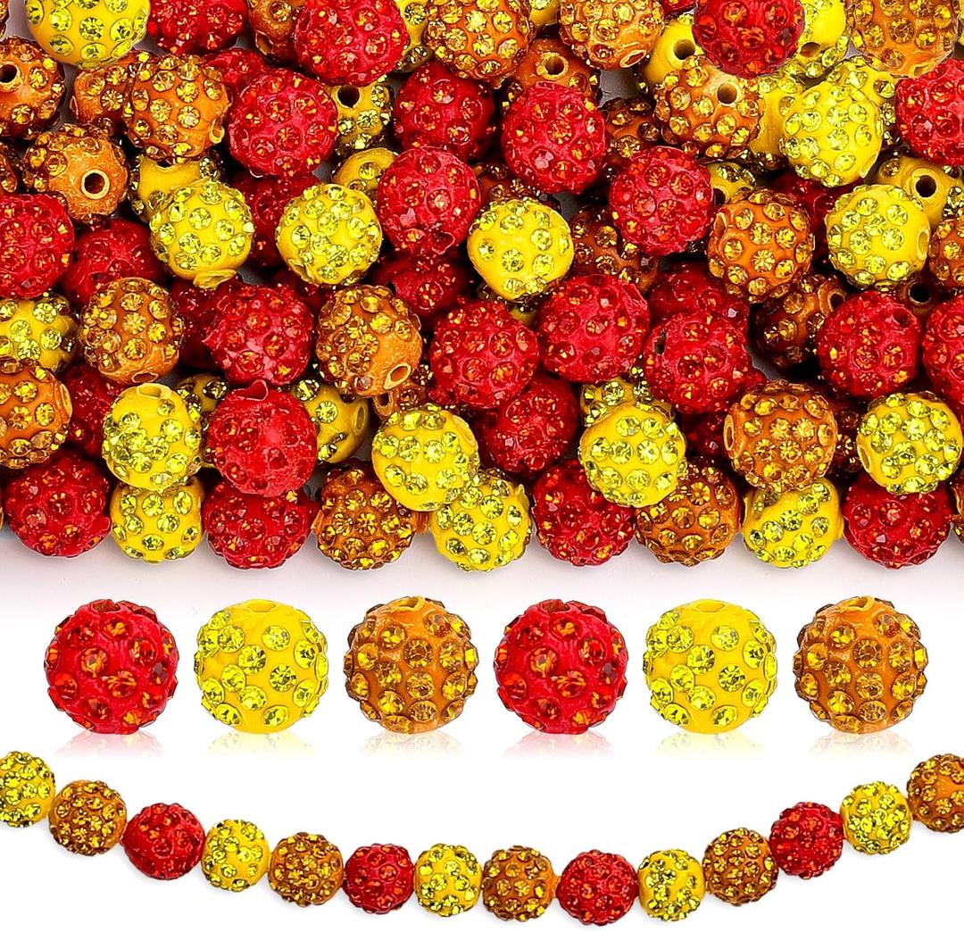 120Pcs Rhinestone Clay Beads for Fall 10mm Round Disco Ball Beads Bulk Autumn Orange Yellow Sparkle Loose Craft Bead for DIY Making Bracelet Necklace Thanksgiving Harvest Party Decor
