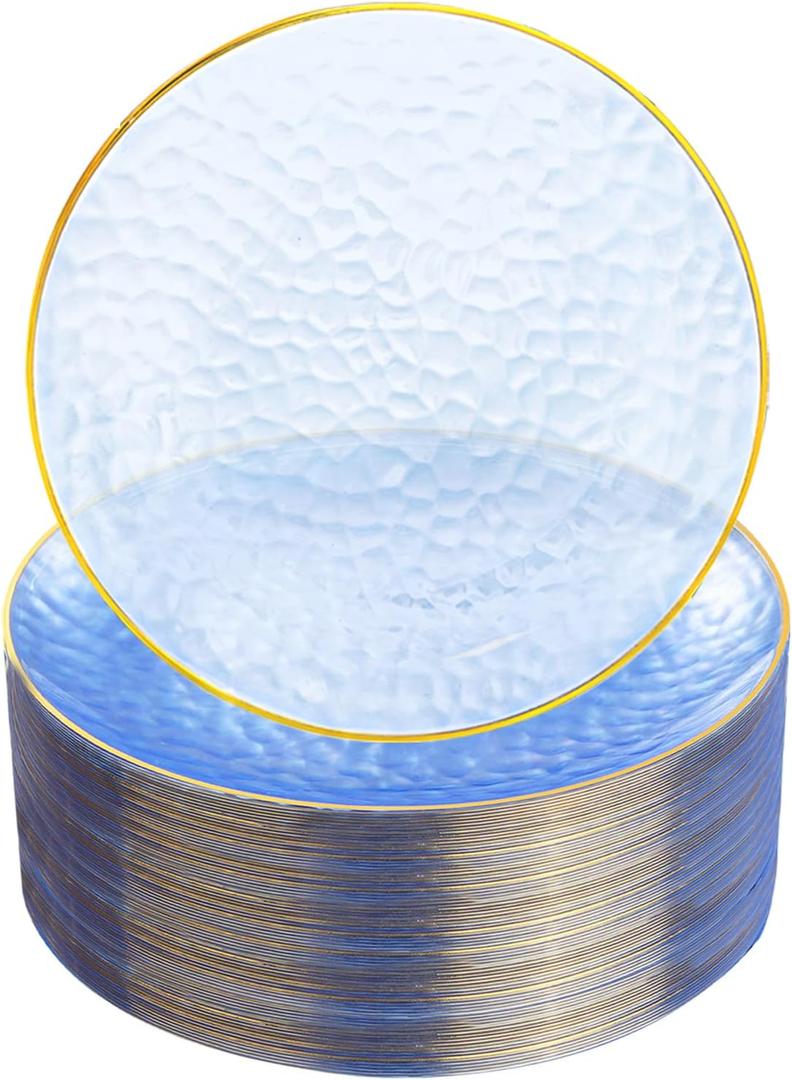 Rubtlamp 100 Pcs Clear Blue Gold Plastic Plates, Clear Hammered Plastic Plates, Blue Party Platos, Disposable Salad/Dessert Platos, 7-Inch Disposable Dessert/Appetizer Platos Perfect For Party