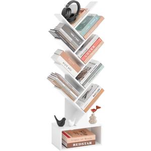 Tree Bookshelf - 6 Shelf Retro Floor Standing Bookcase, Tall Wood Book Storage Rack for CDs/Movies/Books, Utility Book Organizer Shelves for Bedroom, Living Room, Home Office, White