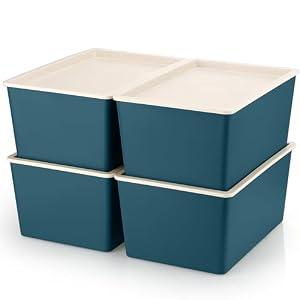 Menkxi 4 Pcs Storage Bins with Lids Plastic Stackable Containers for Organizing Shelves Christmas Ornament Box Baskets(Blue,Large)