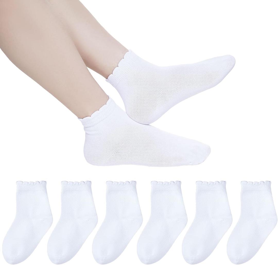 6 Pack Girls White Ruffle Dress Socks Cotton Ruffle Frilly Crew School Uniform Socks (White)