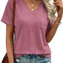 Womens V Neck Tshirts Short Sleeve Loose Casual Summer Tops with Pokcet (Medium, Bean Red)