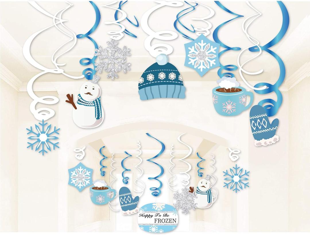 30Pcs Christmas Hanging Swirl Decorations Winter Wonderland Party Decorations Snow Frozen Ceiling Whirl Hanging Elk Snowflake Snowman Ceiling Swirls Snow for Frozen Party Decoration