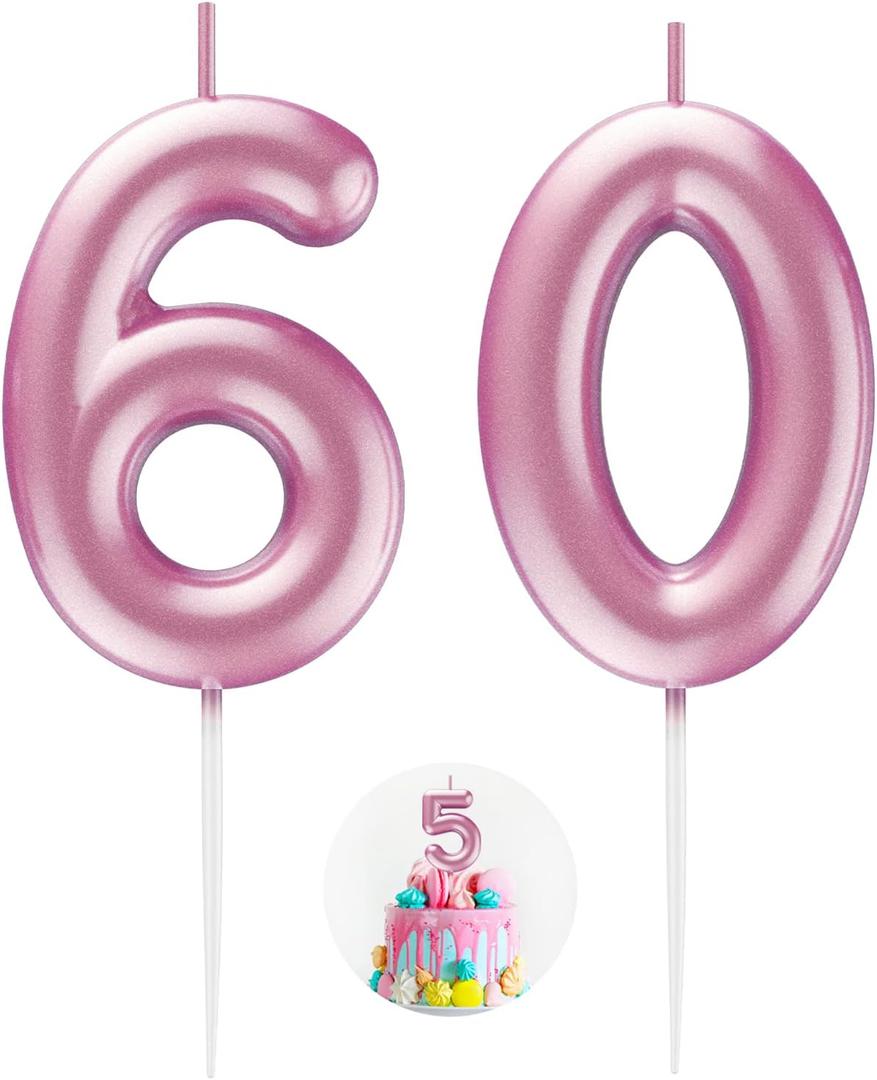 2 x Pink Number 60 Candle Happy Birthday 3D Number Candles for Birthday Cake Party Decoration Wedding Anniversary Celebration Supplies