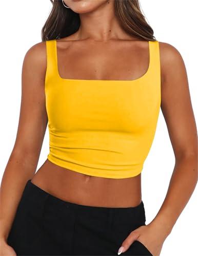 Zeagoo Women's Double Lined Tank Top Square Neck Sleeveless Crop Tops 2026 Cute Casual Slim Fit Trendy Tops Yellow M