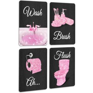 PHOPAGO 4pcs Fashion Bathroom Wall Metal Sign Decor Pink Glam Women Bathroom Art 12x8 Inch Wash Brush Flush Funny Signs Hanging Decoration