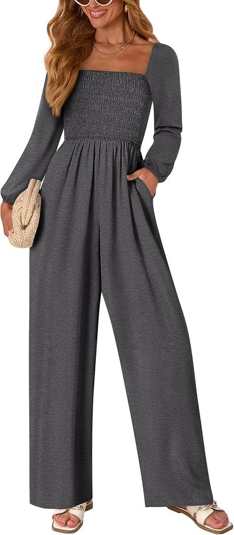 KIRUNDO Jumpsuits for Women Dressy Casual One Piece Long Sleeve Wide Leg Long Pant Rompers With Pockets 2025 Fall Outfits (Gray, XL)
