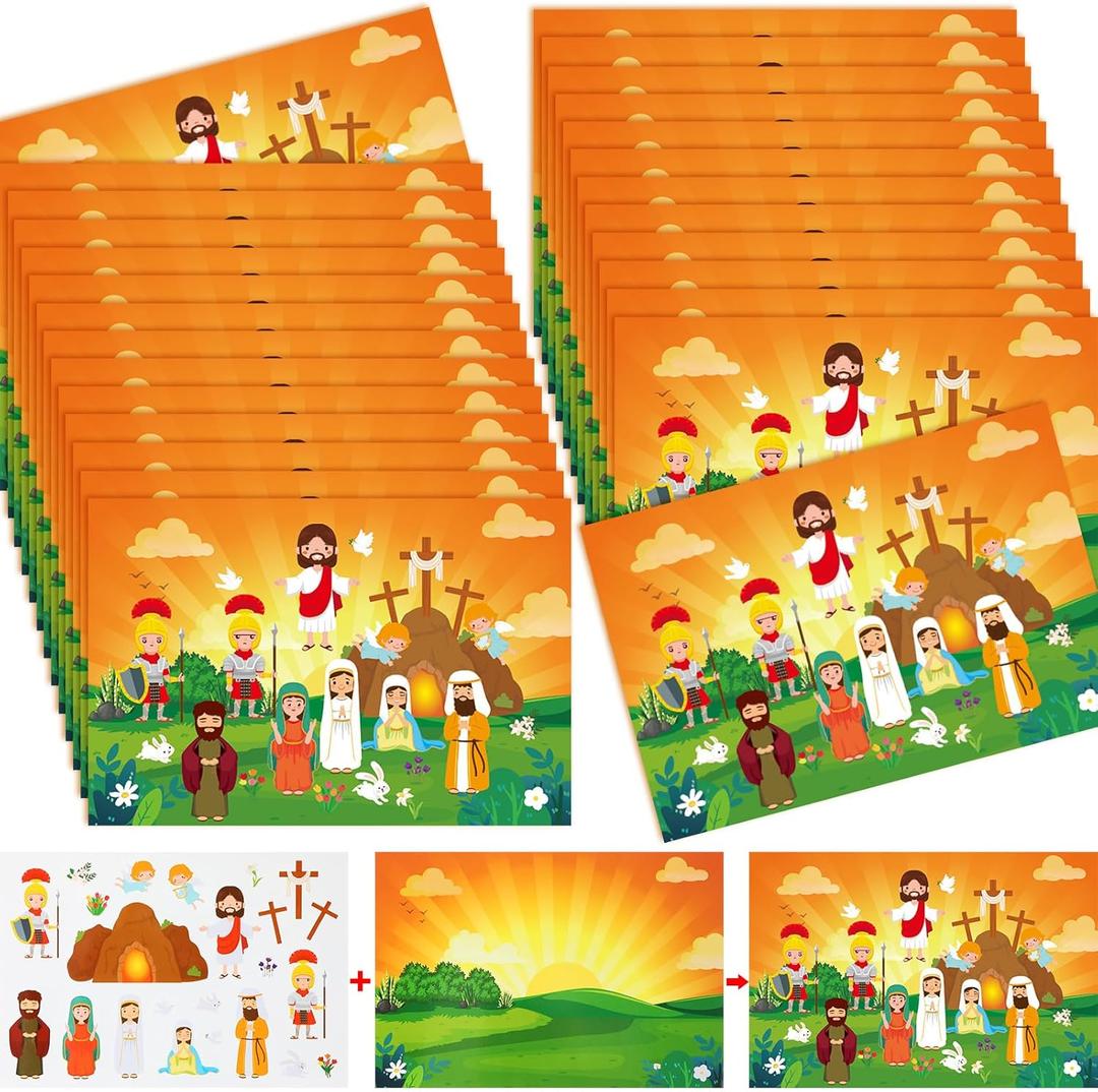 Yexiya 30 Sets Religious Scenes Easter Sticker Bulk Religious Stickers Easter Crafts Gifts for Kid DIY He is Risen Resurrection Story Bible Supplies(Cute Style)
