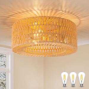 SineRise Flush Mount Ceiling Light (18-Inch, LED Bulb Included), Hand-Woven Boho Rattan Ceiling Light Fixture, 3-Light Rattan Chandelier for Hallway Kitchen Farmhouse Foyer Entryway Living Room(Gold) (Large)