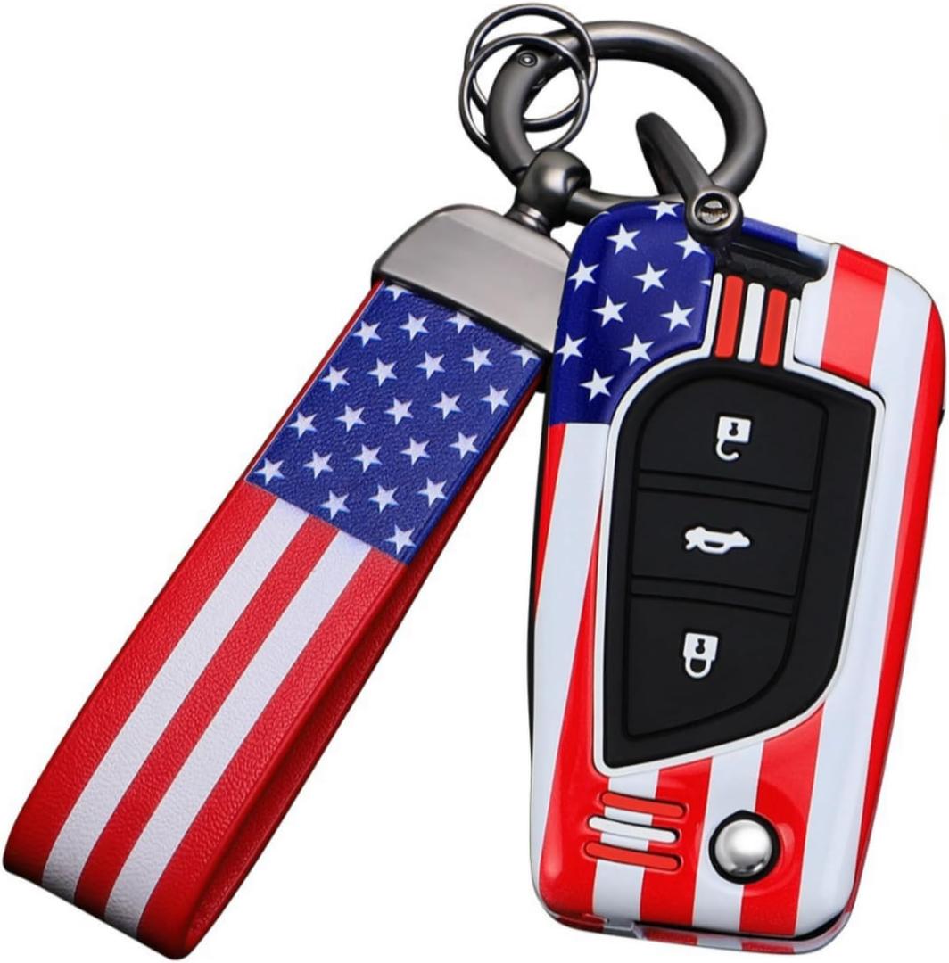American USA Flag Key Fob Cover, Key Case,Keychain,Accessories Compatible with Toyota Fortuner Tundra Camry RAV4 Highlander Challenger(Model-B 3 buttons)