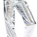 SIAEAMRG Womens Shiny Metallic High Waist Stretchy Jogger Pants, Wet Look Hip Hop Club Wear Holographic Trousers Sweatpant (Silver, S)