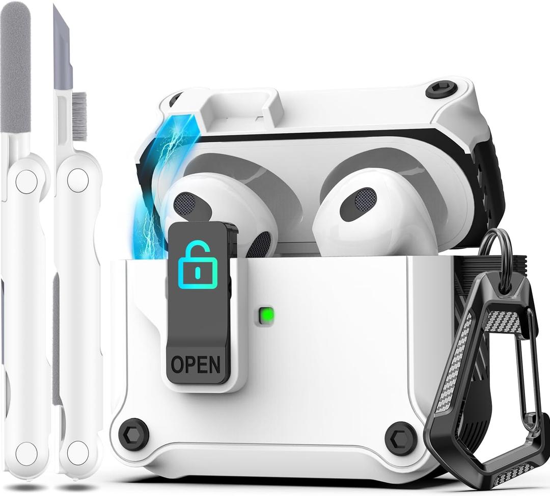 2 x R-fun for AirPods 3 Case Cover with Lock & Cleaning Kit, Keychain, Magnetic Lid, Compatible with AirPods 3rd Generation 2021 Protective Case, Support Wireless Charging, White