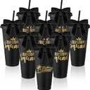 8 Set Birthday Party Glitter Tumblers 24 oz Birthday Squad Birthday Queen Plastic Tumblers with Lid Straw and Twist Bow for Birthday Decorations Party Favor for Women(Black)