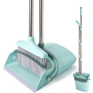 XXXFLOWER Broom and Dustpan Set with Cleaning Teeth, 54.5" Long Handle Indoor Sweeping Combo for Home Office Kitchen, Bluish Green