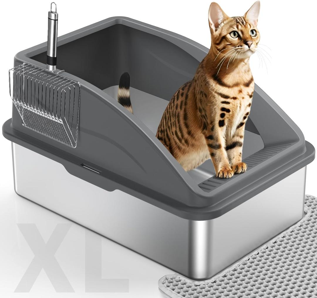 Stainless Steel Cat Litter Box, Extra Large Litter Boxes for Big Cats, Anti-Urine Leakage XL Litter Box with High Sides, Xlarge Metal Litter Box with Lid, Easy Clean, Non-Sticky, Cat Mat & Metal Scoop (X-Large, Dark Grey)